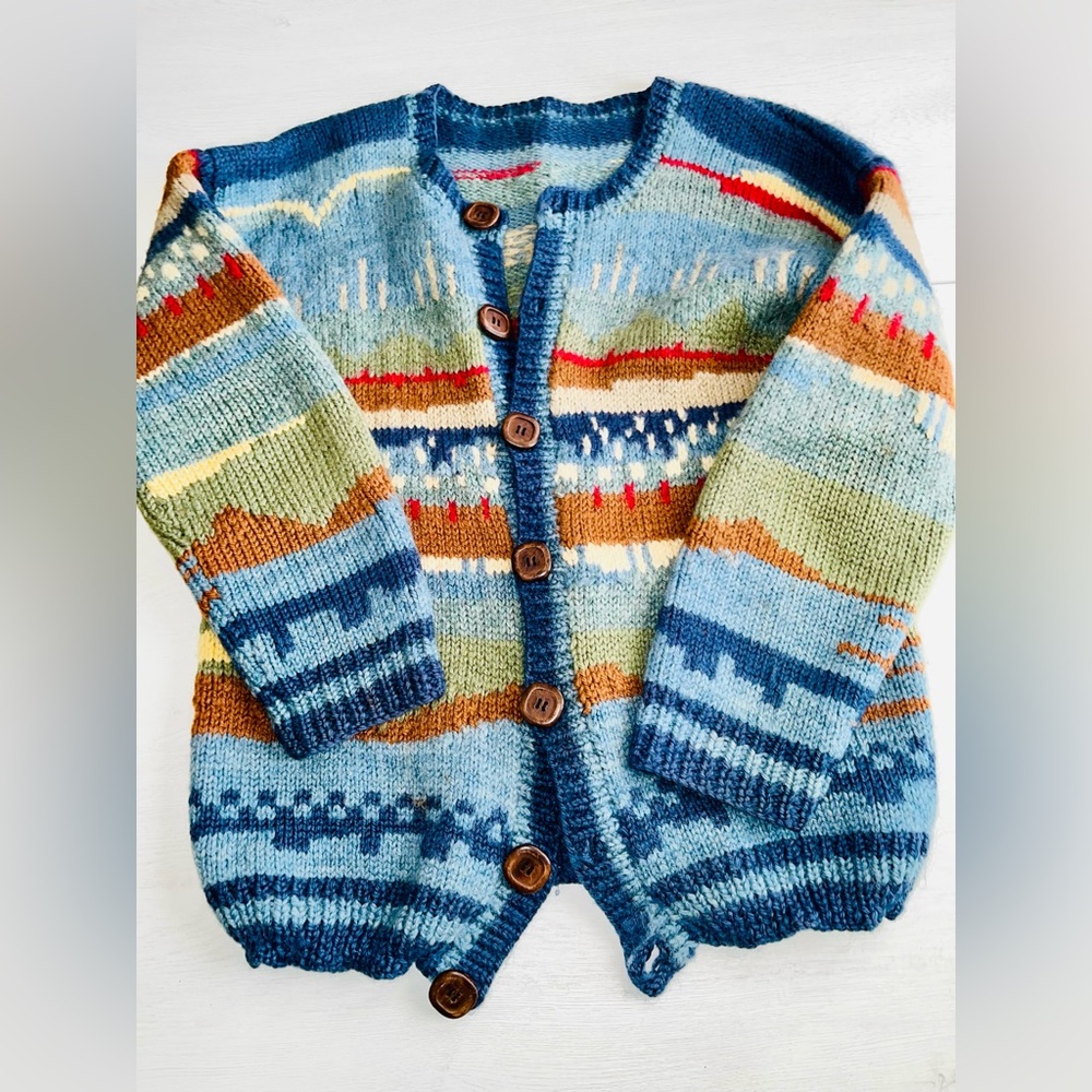 Vintage Wool hand knit landscape Colorful Knit Cardigan with Button Closure - Picture 7 of 14